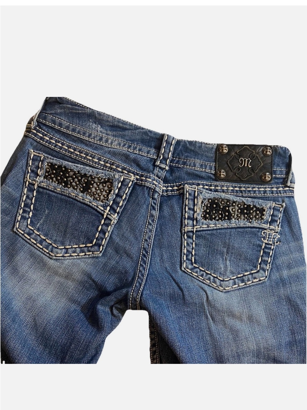 Miss Me Blue Denim Jeans with Black Leather Logo Patch
